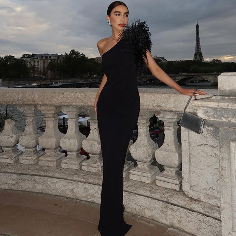 One Shoulder Feather Maxi Dress H6066