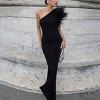 One Shoulder Feather Maxi Dress H6066