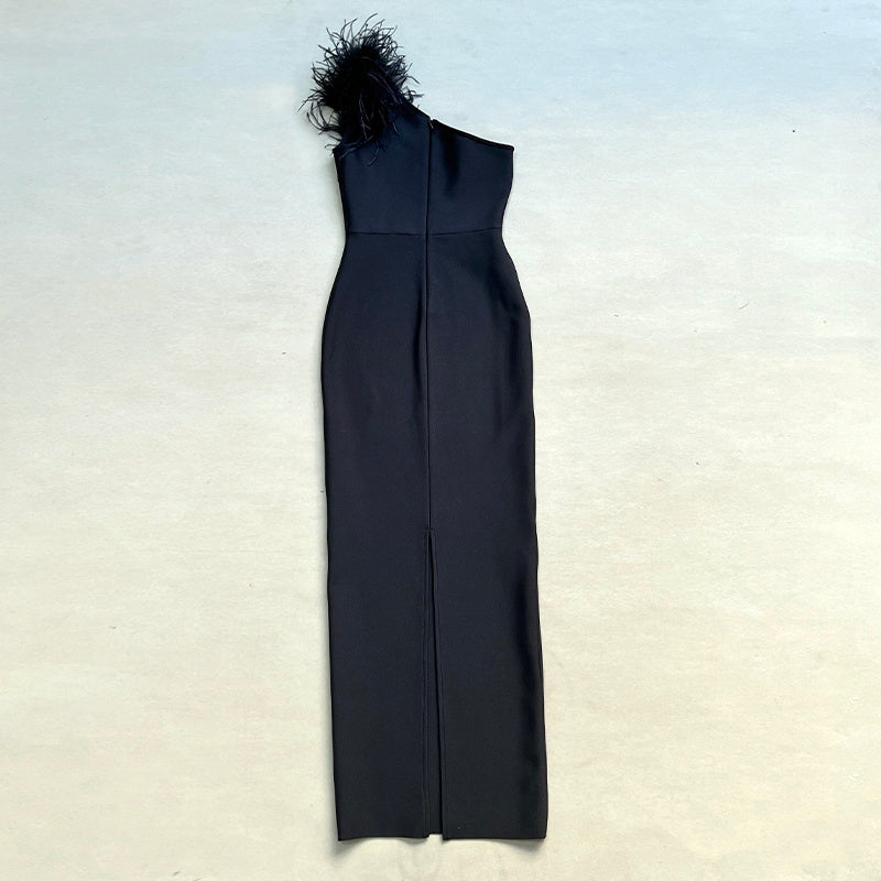 One Shoulder Feather Maxi Dress H6066