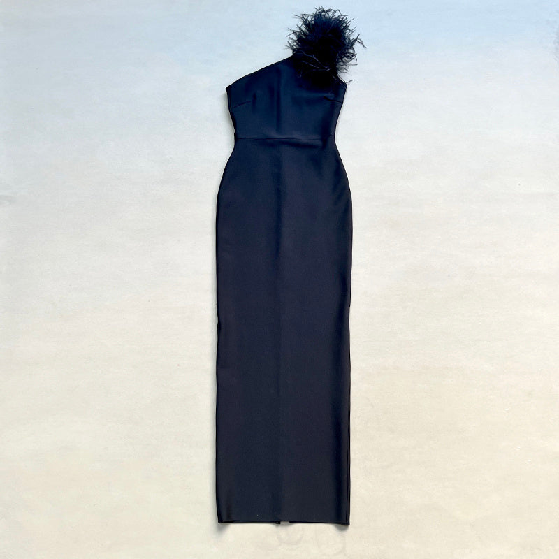 One Shoulder Feather Maxi Dress H6066
