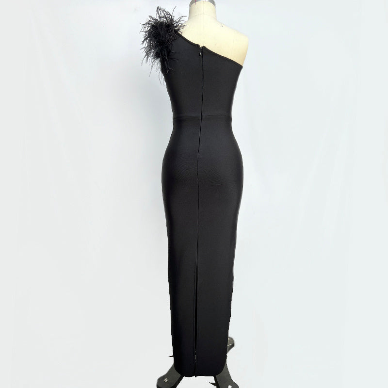 One Shoulder Feather Maxi Dress H6066