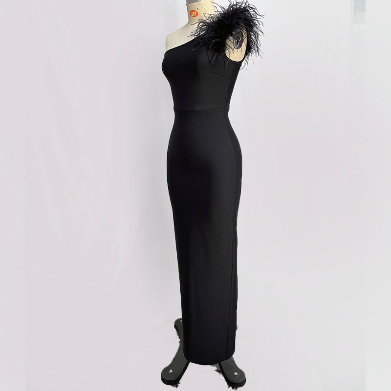 One Shoulder Feather Maxi Dress H6066