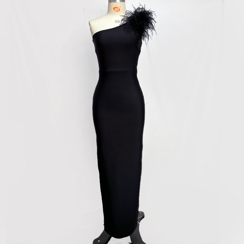One Shoulder Feather Maxi Dress H6066
