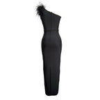 One Shoulder Feather Maxi Dress H6066