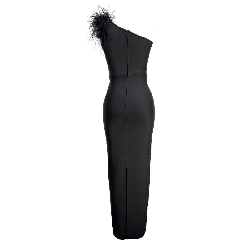 One Shoulder Feather Maxi Dress H6066