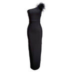 One Shoulder Feather Maxi Dress H6066