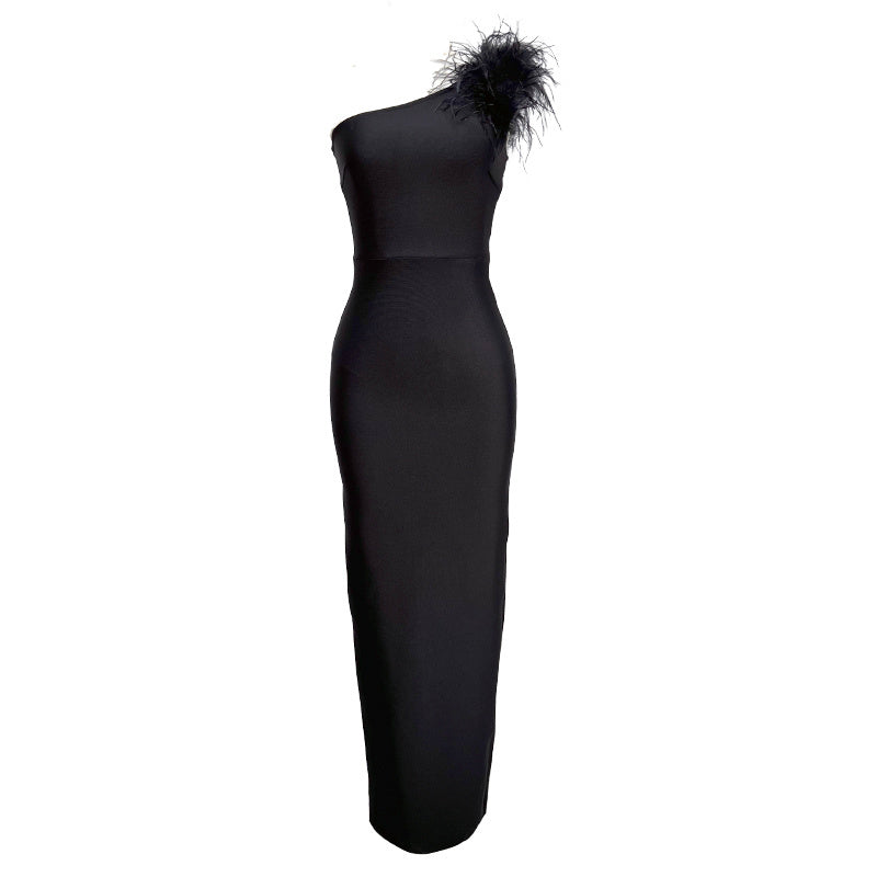 One Shoulder Feather Maxi Dress H6066