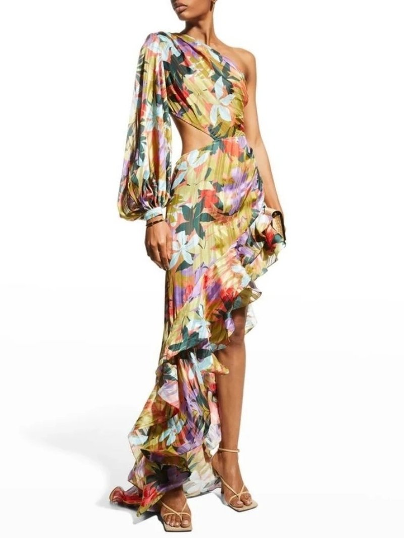 One Shoulder Floral Asymmetrical Maxi Dress H6318