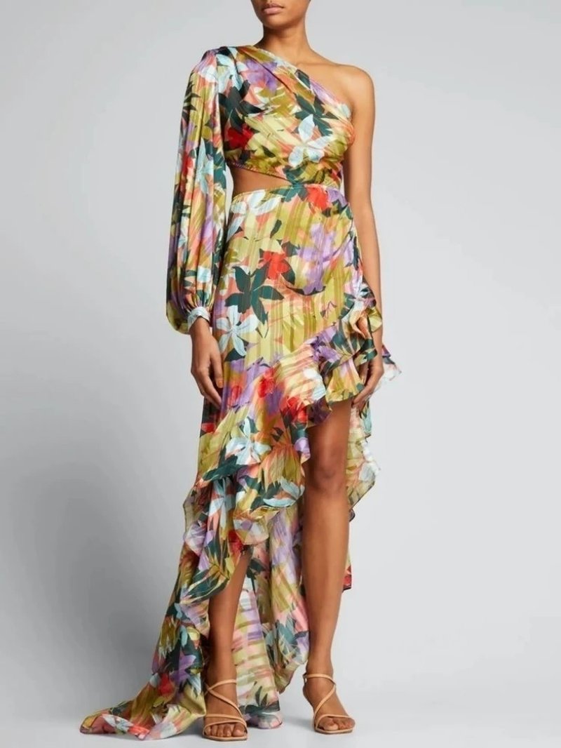 One Shoulder Floral Asymmetrical Maxi Dress H6318