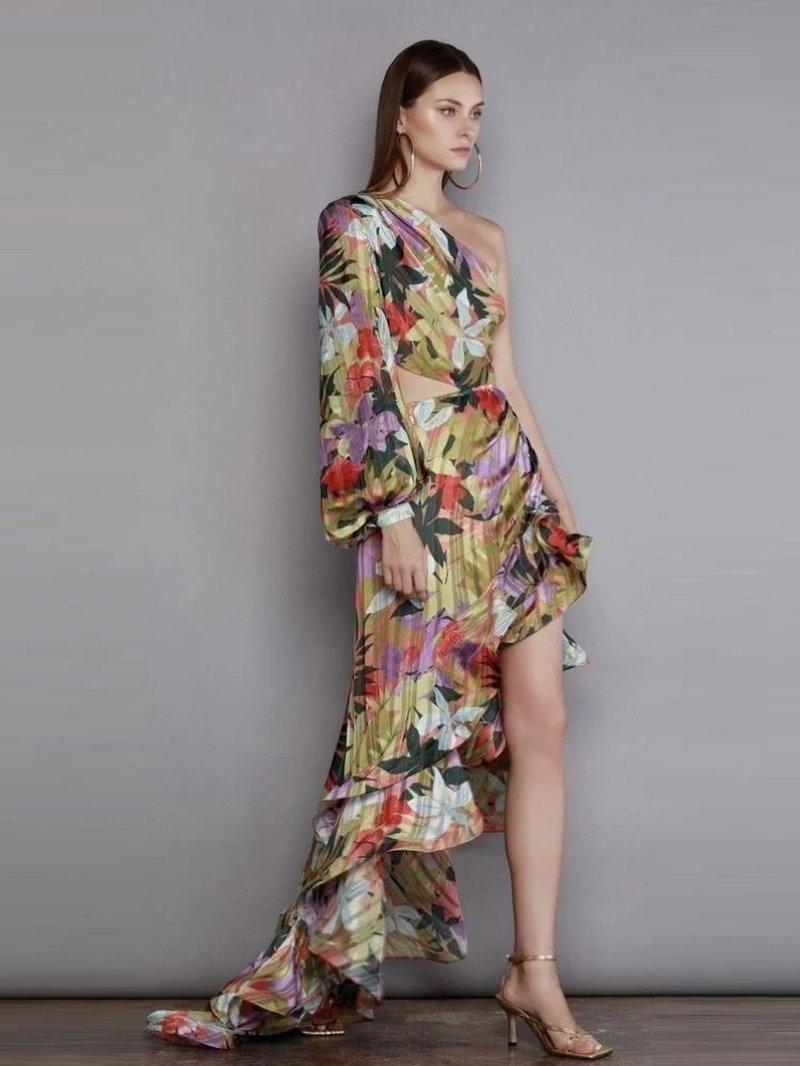 One Shoulder Floral Asymmetrical Maxi Dress H6318