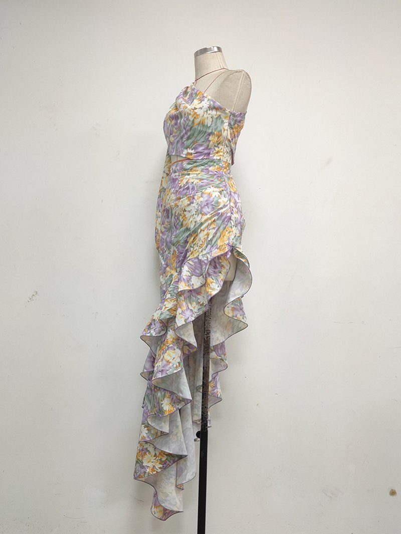 One Shoulder Floral Ruffle Gown H6255