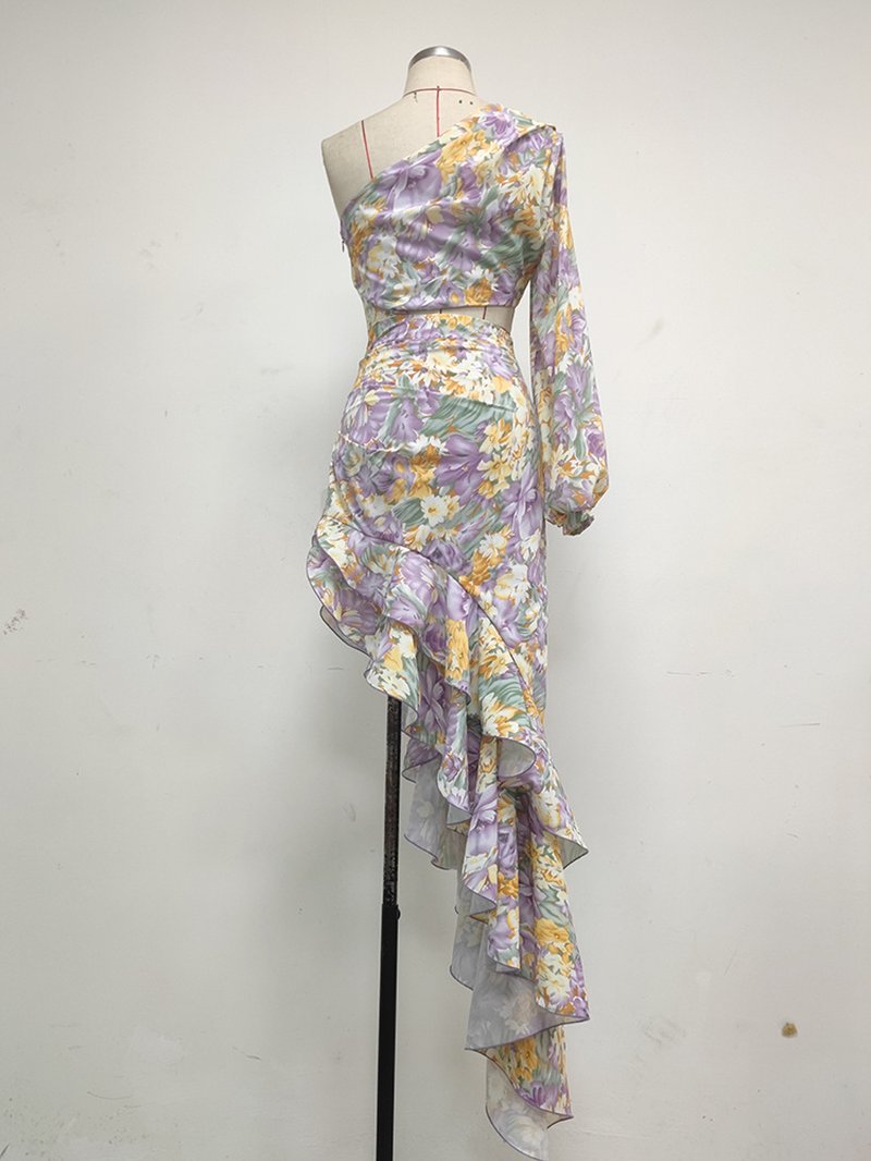 One Shoulder Floral Ruffle Gown H6255