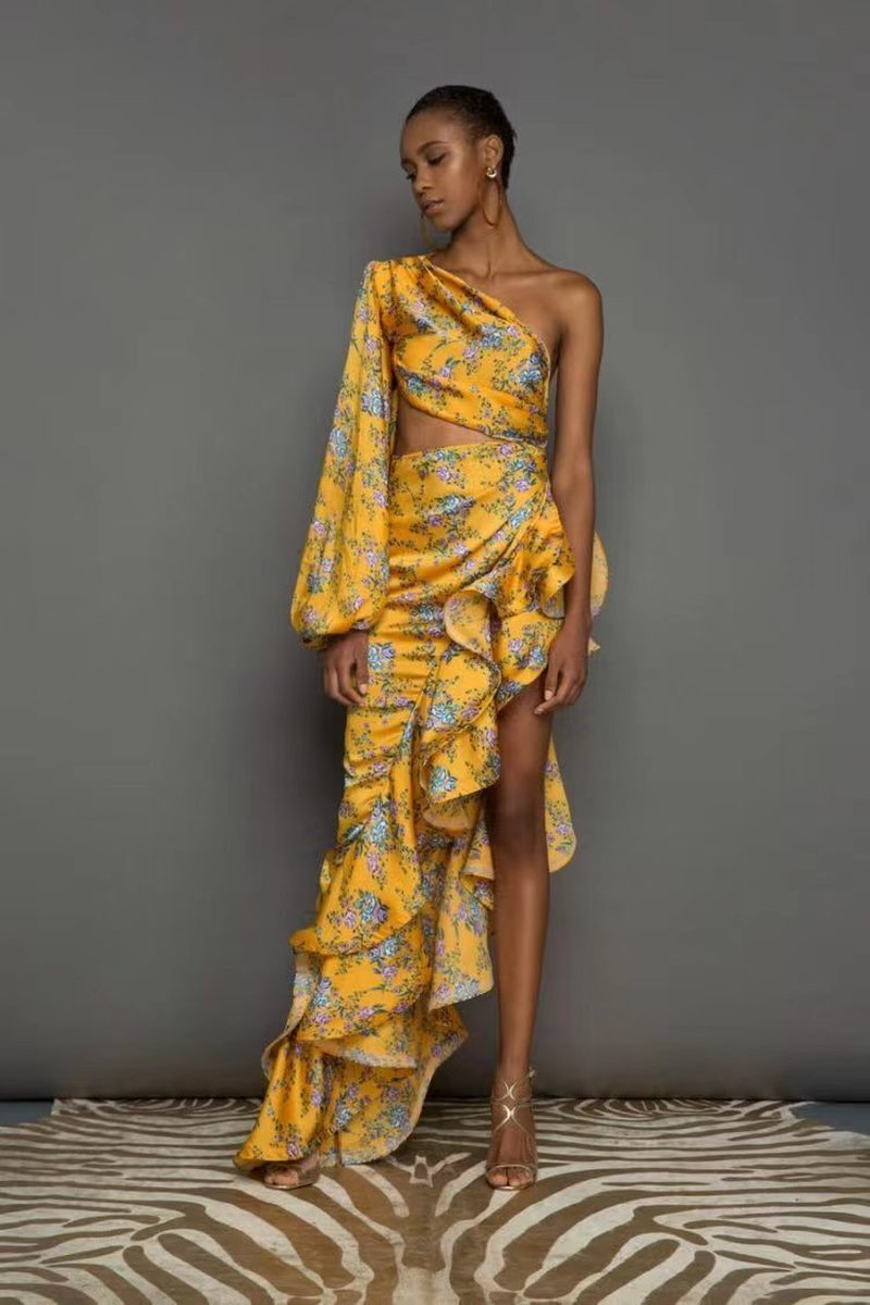 One Shoulder Floral Ruffle Maxi Dress H6256