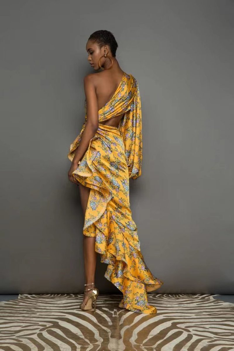 One Shoulder Floral Ruffle Maxi Dress H6256