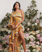 One Shoulder Floral Ruffle Maxi Dress H6256