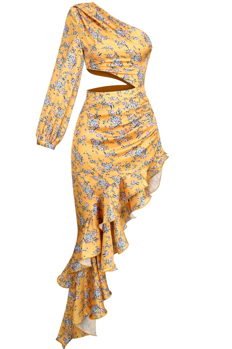 One Shoulder Floral Ruffle Maxi Dress H6256