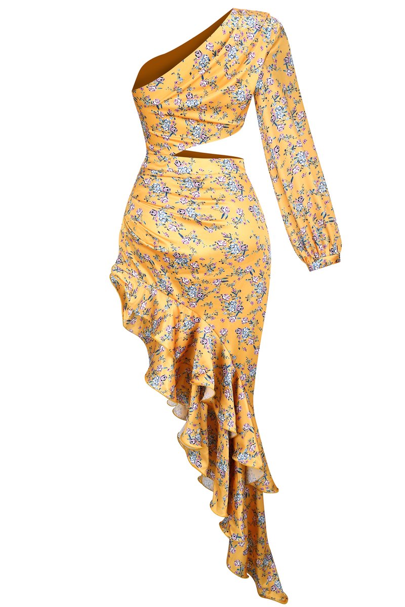 One Shoulder Floral Ruffle Maxi Dress H6256