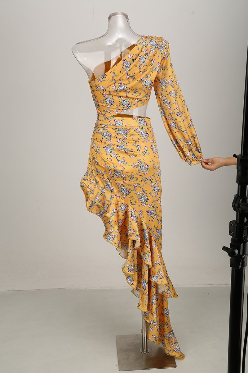 One Shoulder Floral Ruffle Maxi Dress H6256