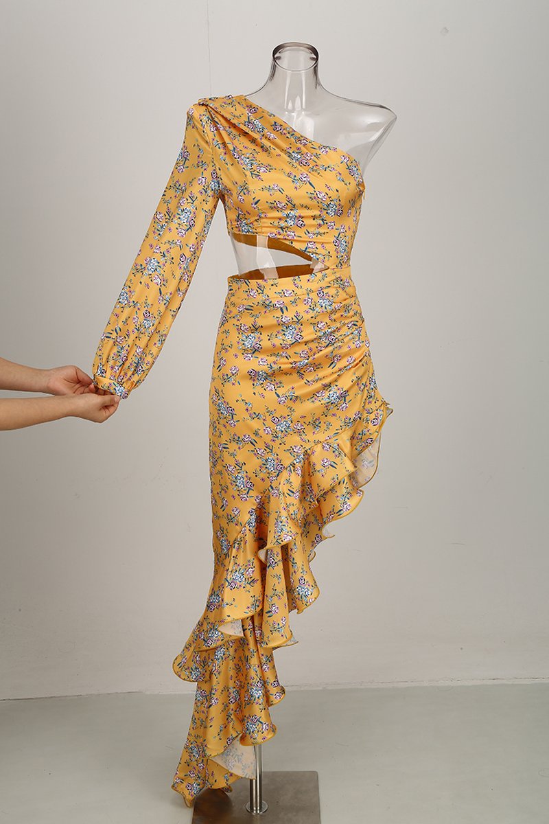 One Shoulder Floral Ruffle Maxi Dress H6256