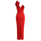 One Shoulder Flower Applique Midi Dress H6347