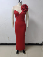One Shoulder Flower Applique Midi Dress H6347