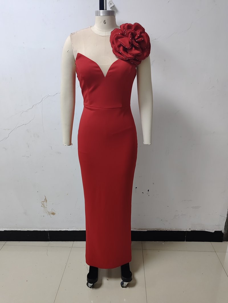 One Shoulder Flower Applique Midi Dress H6347
