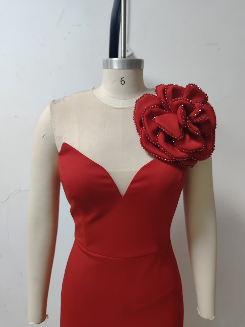One Shoulder Flower Applique Midi Dress H6347