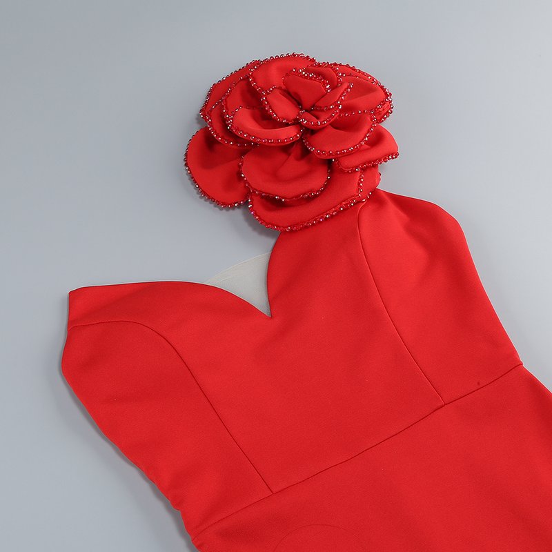 One Shoulder Flower Applique Midi Dress H6347
