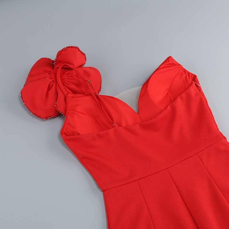 One Shoulder Flower Applique Midi Dress H6347
