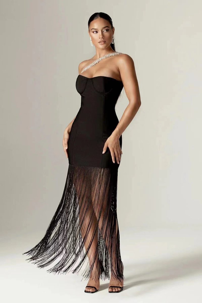 One Shoulder Fringe Maxi Dress H6450