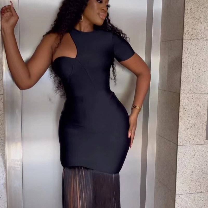 One Shoulder Fringe Midi Dress H6142