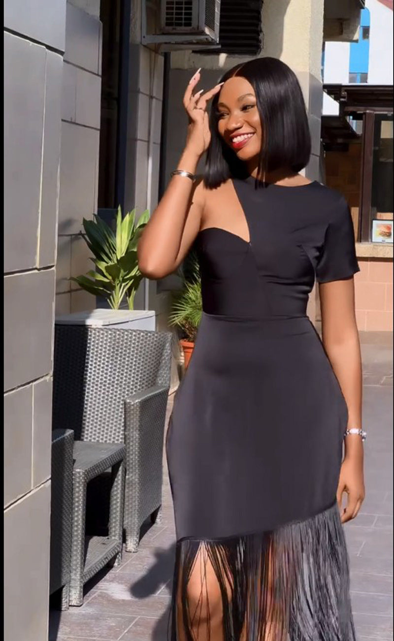 One Shoulder Fringe Midi Dress H6142