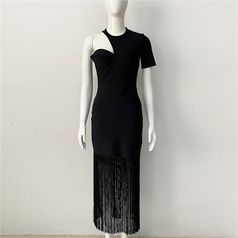 One Shoulder Fringe Midi Dress H6142