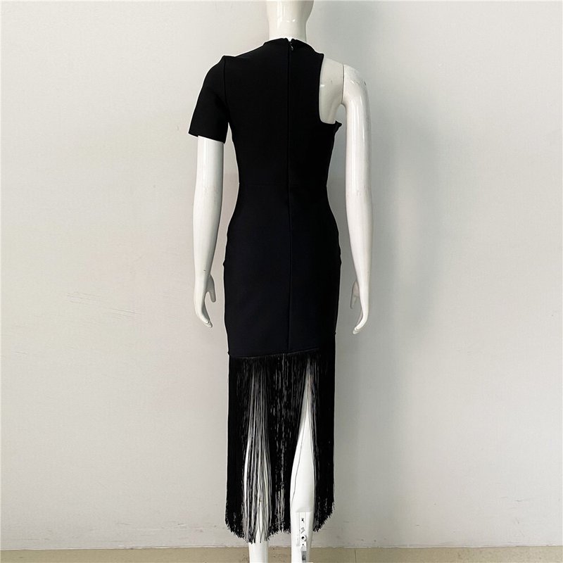 One Shoulder Fringe Midi Dress H6142