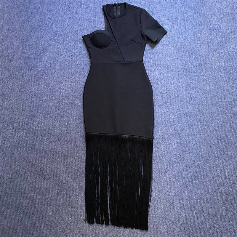 One Shoulder Fringe Midi Dress H6142