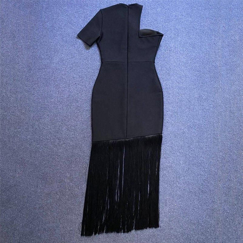 One Shoulder Fringe Midi Dress H6142