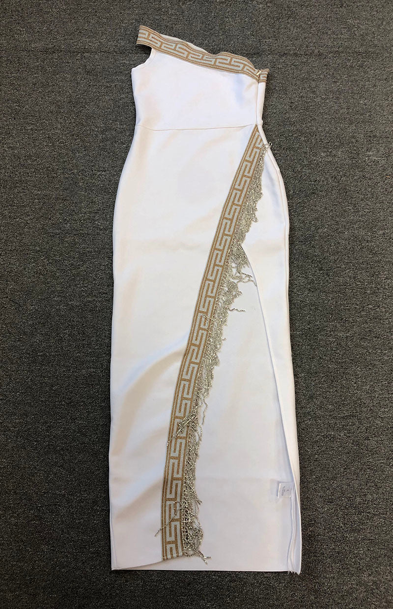 One Shoulder Greek Key Embellished Midi Dress H6417