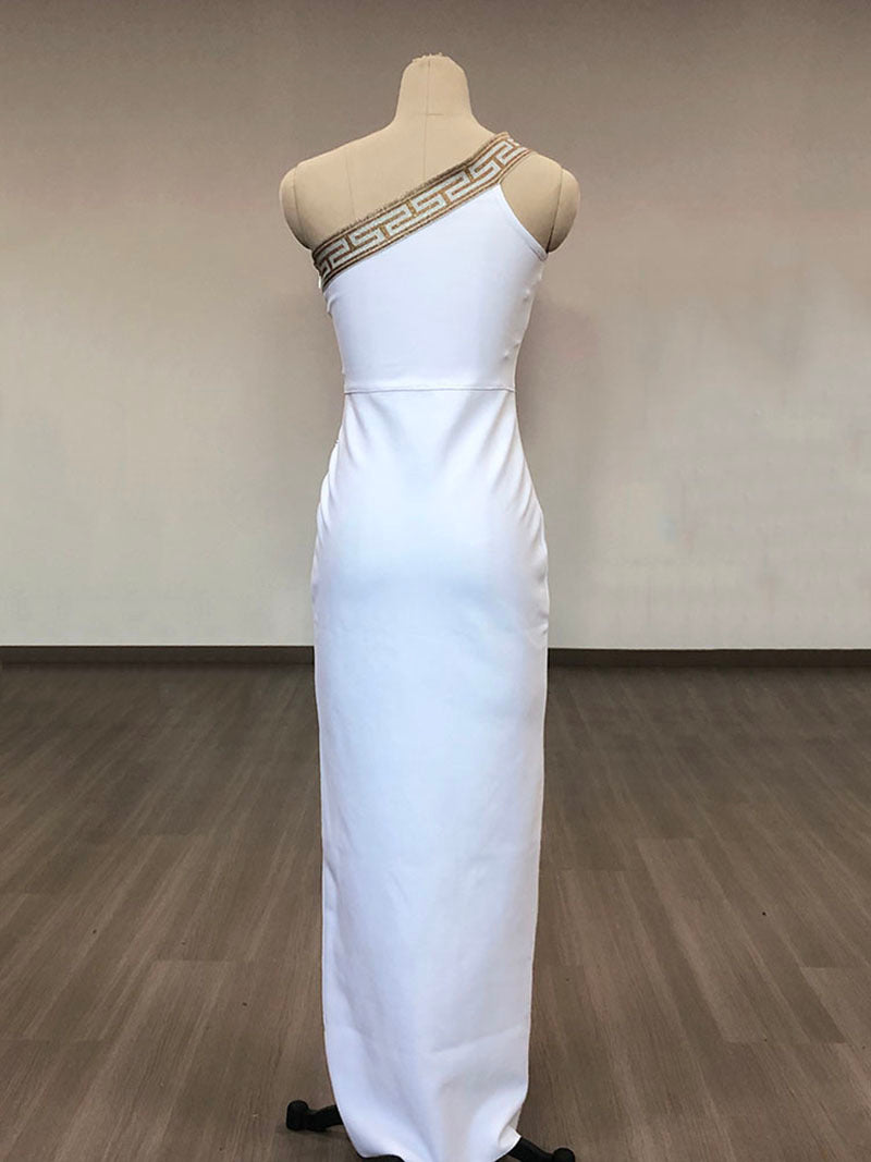 One Shoulder Greek Key Embellished Midi Dress H6417
