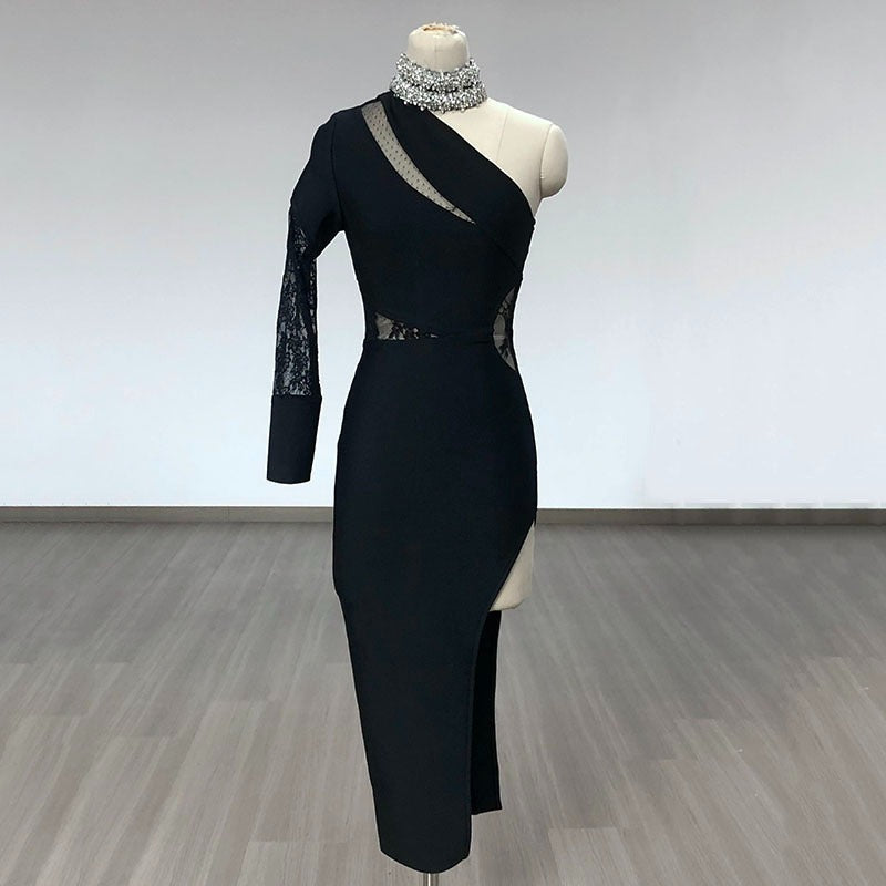 One Shoulder Lace Cutout Bandage Dress H6418