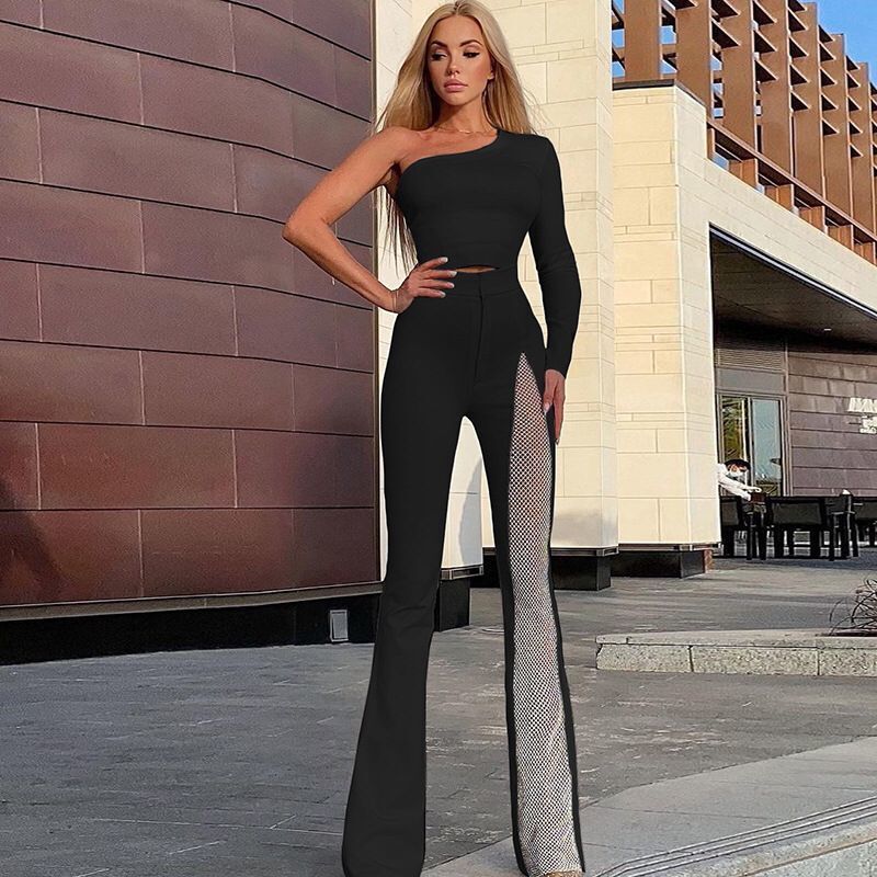 One Shoulder Mesh Panel Maxi Dress H3702