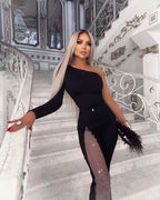 One Shoulder Mesh Panel Maxi Dress H3702