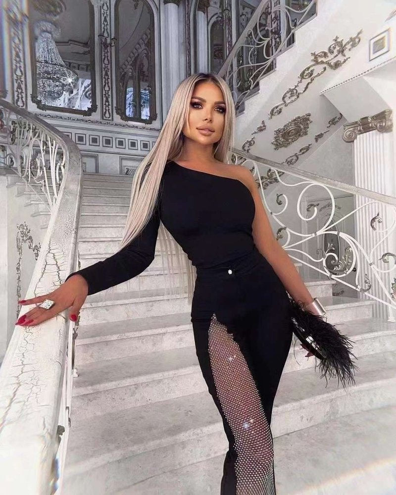 One Shoulder Mesh Panel Maxi Dress H3702
