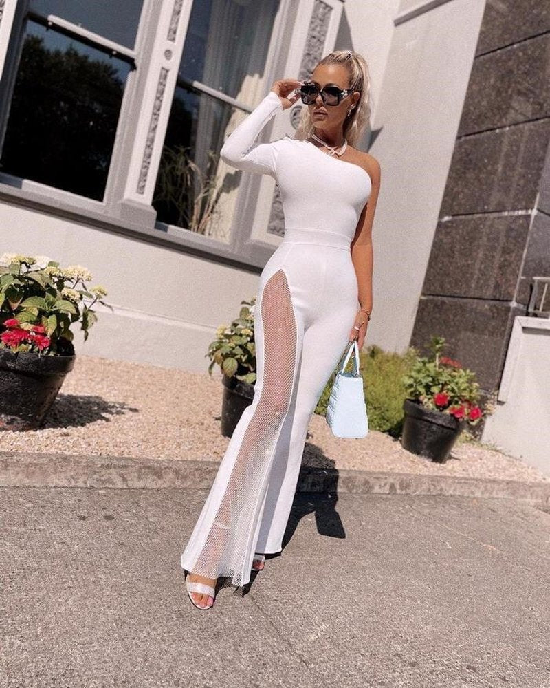 One Shoulder Mesh Panel Maxi Dress H3702
