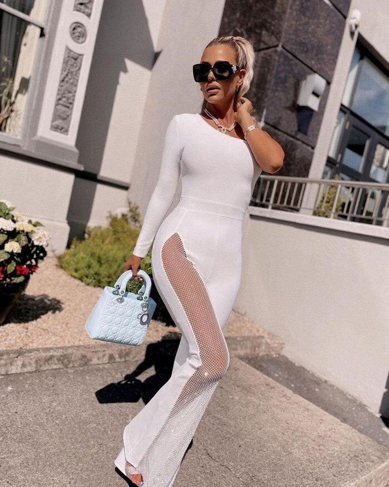 One Shoulder Mesh Panel Maxi Dress H3702