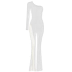 One Shoulder Mesh Panel Maxi Dress H3702