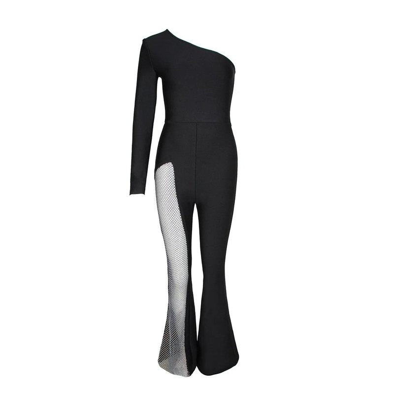 One Shoulder Mesh Panel Maxi Dress H3702