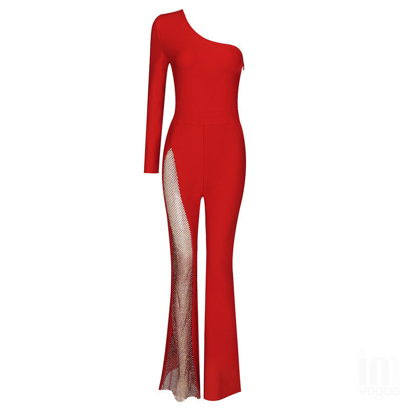 One Shoulder Mesh Panel Maxi Dress H3702