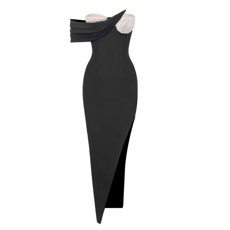 One Shoulder Pearl Embellished Bandage Dress H6212