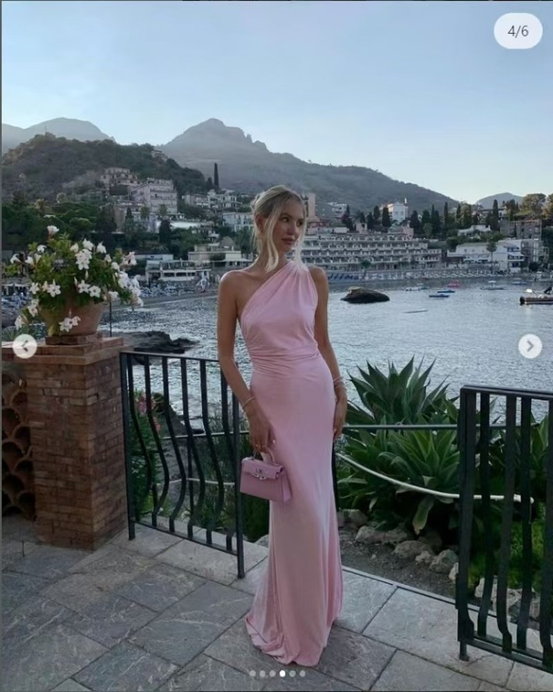 One Shoulder Pink Satin Maxi Dress H6650