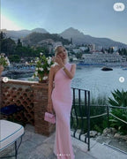 One Shoulder Pink Satin Maxi Dress H6650